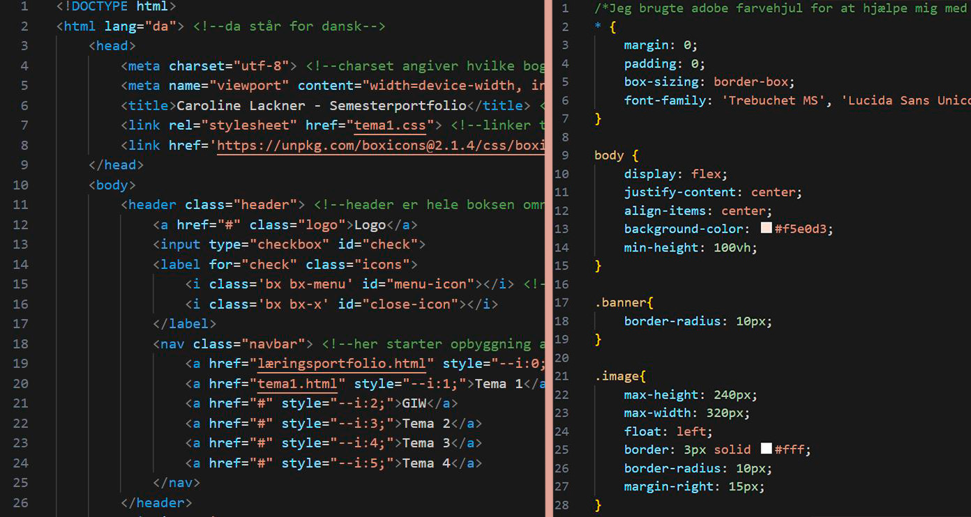 Billede af HTML og CSS koden
